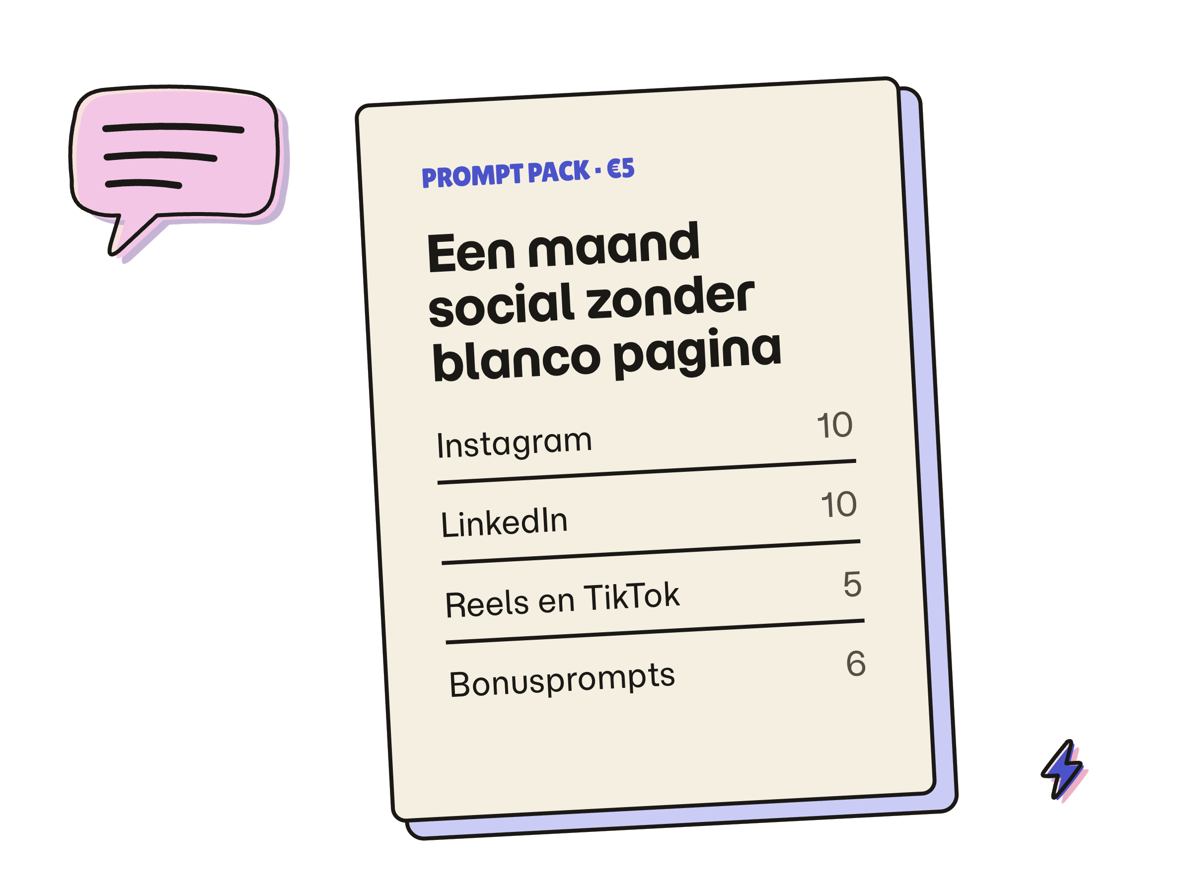 Voorpagina van het Prompt Pack met de inhoudsopgave: Instagram 10, LinkedIn 10, Reels en TikTok 5, bonusprompts 6.