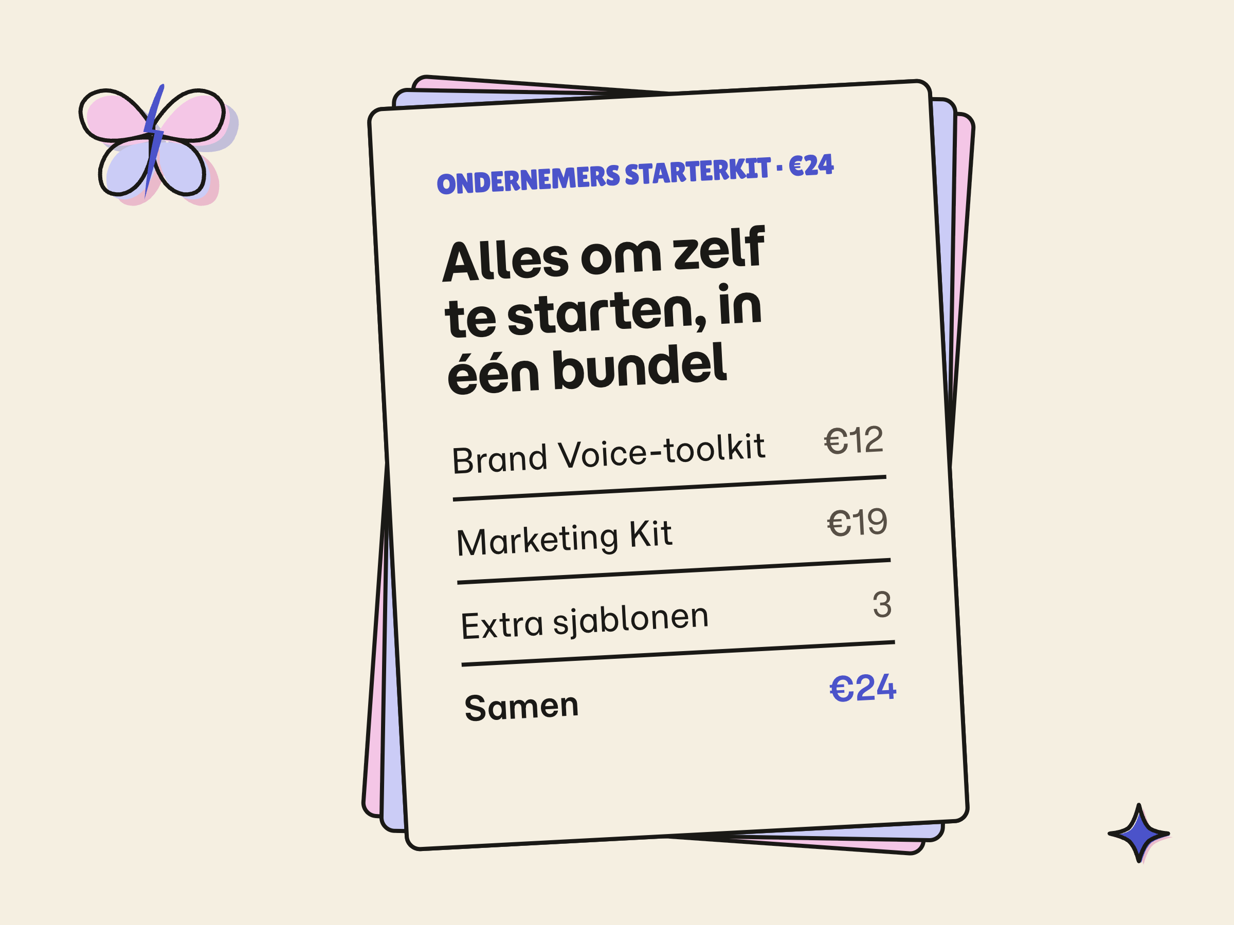 Voorpagina van de Ondernemers Starterkit met de inhoudsopgave: Brand Voice-toolkit 12 euro, Marketing Kit 19 euro, 3 extra sjablonen, samen 24 euro.