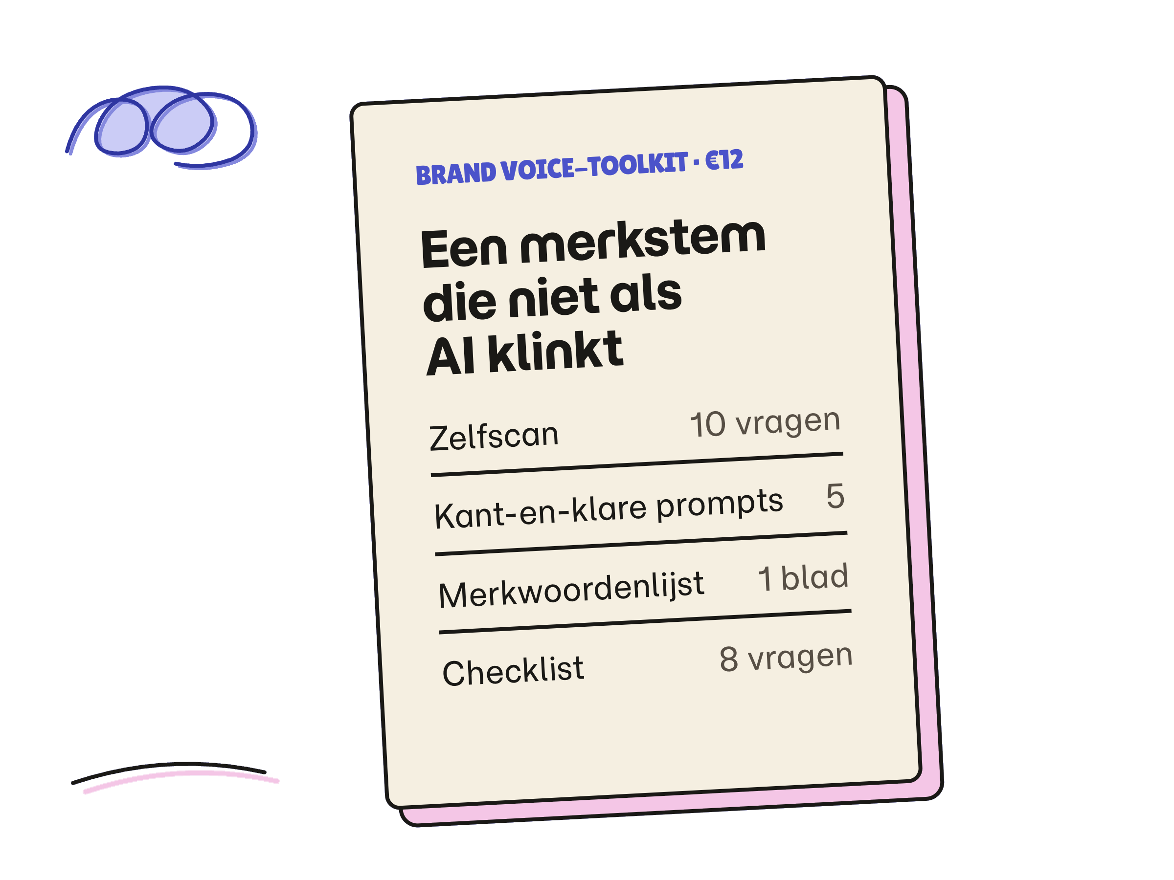Voorpagina van de Brand Voice-toolkit met de inhoudsopgave: zelfscan 10 vragen, 5 kant-en-klare prompts, merkwoordenlijst 1 blad, checklist 8 vragen.
