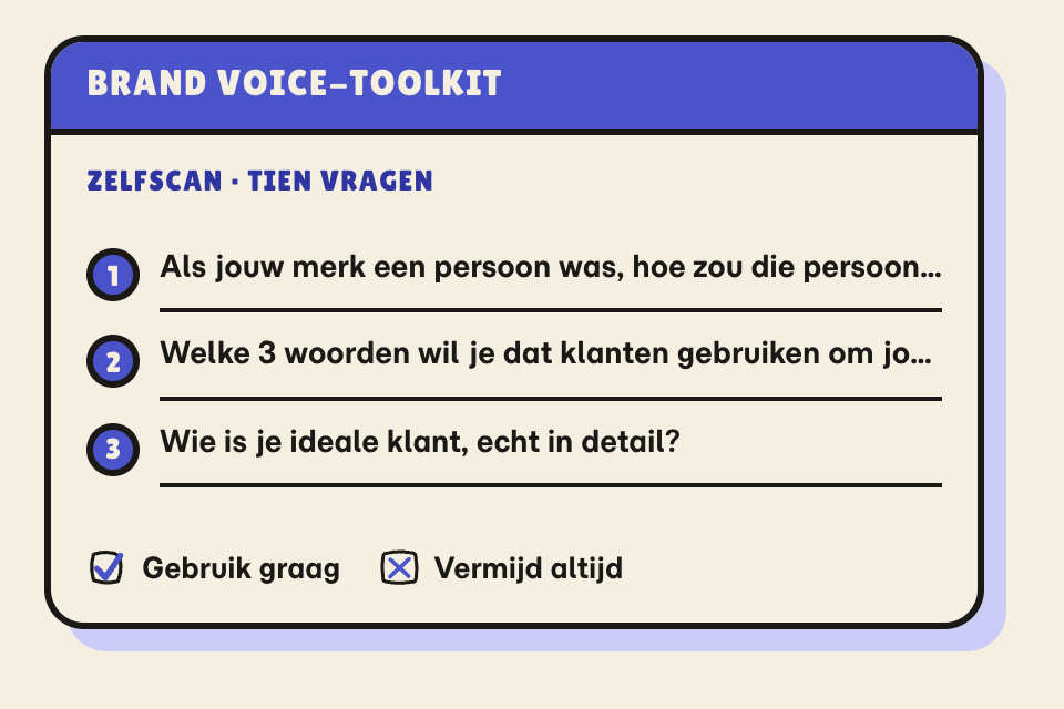 Werkblad met de genummerde zelfscan-vragen en de merkwoordenlijst
