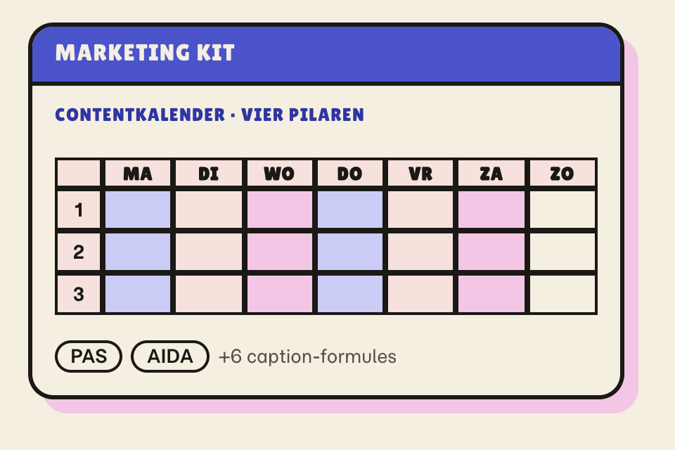 Werkblad met de maandplanning per dag en de caption-formules